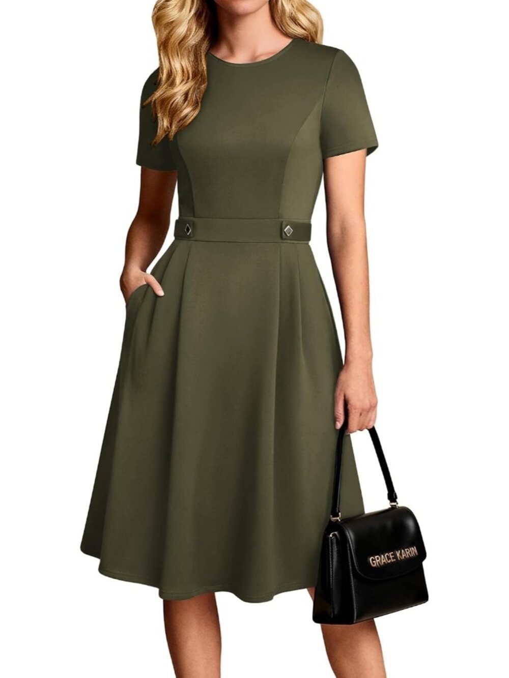〽️ Women's Army Green Short Sleeve A Line Pockets Church Work Office Midi Dress